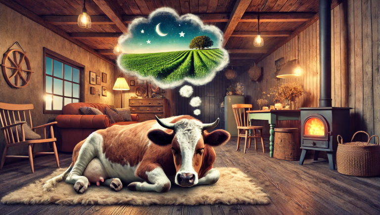 Cow dreaming in the house